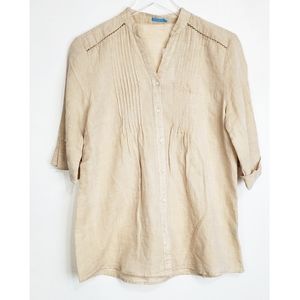 NWT J.Mclaughlin size M linen blend v neck 3/4 sleeve top tan lightweight casual